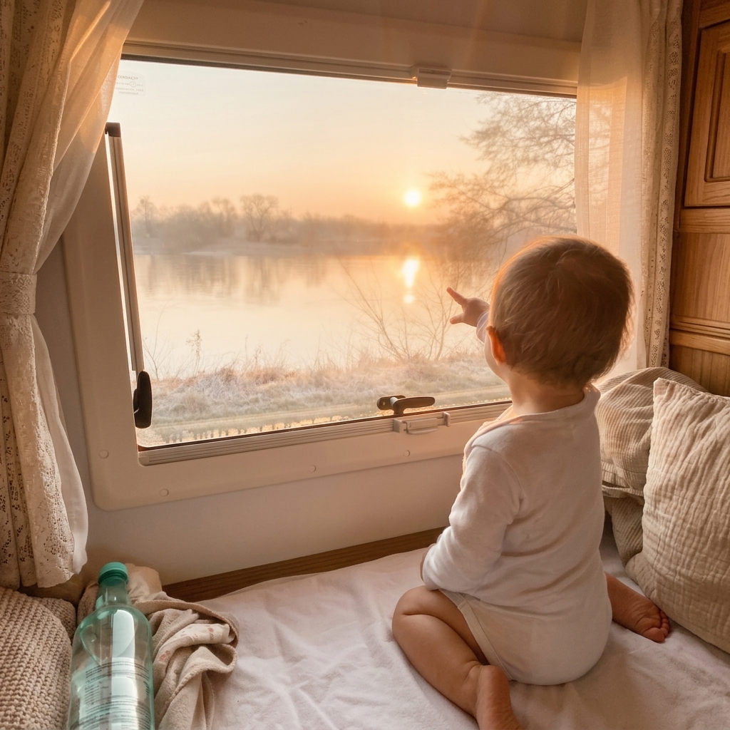 Kind schaut aus dem Wohnmobil