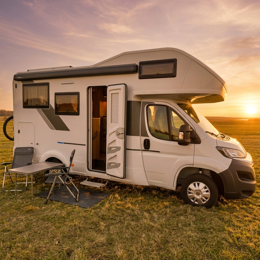 Sun Living A 60 SP mit Campingtisch bei Sonnenuntergang