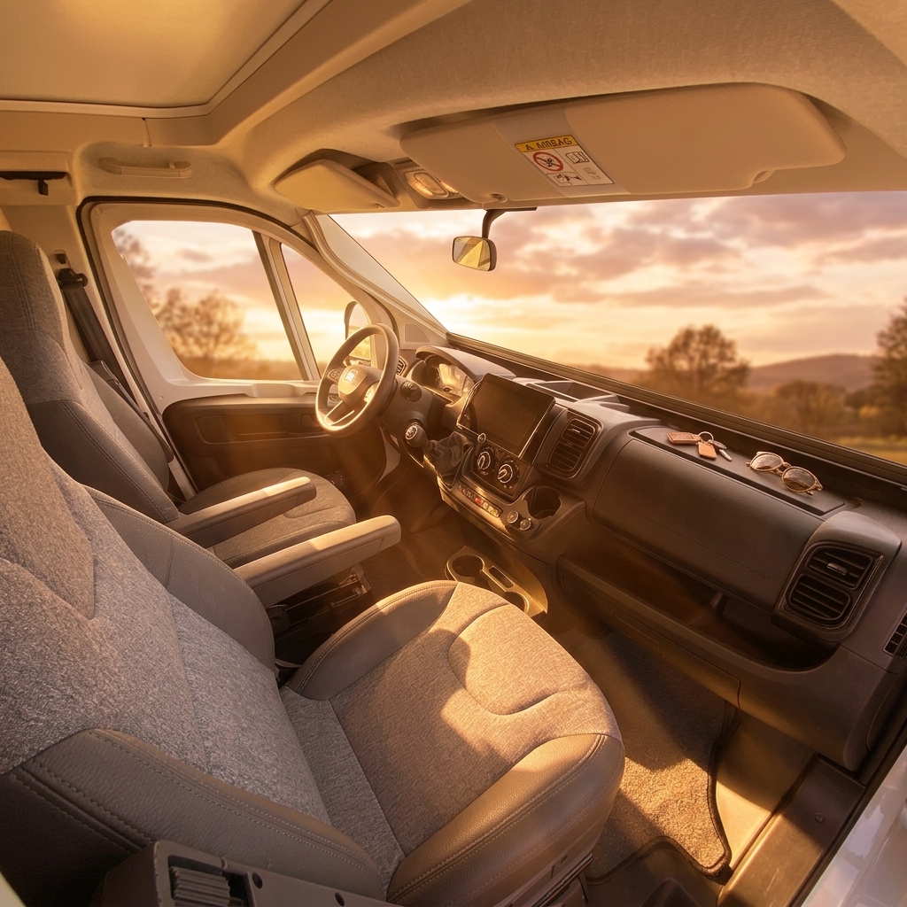 Modernes Fahrerhaus Cockpit mit goldenem Licht